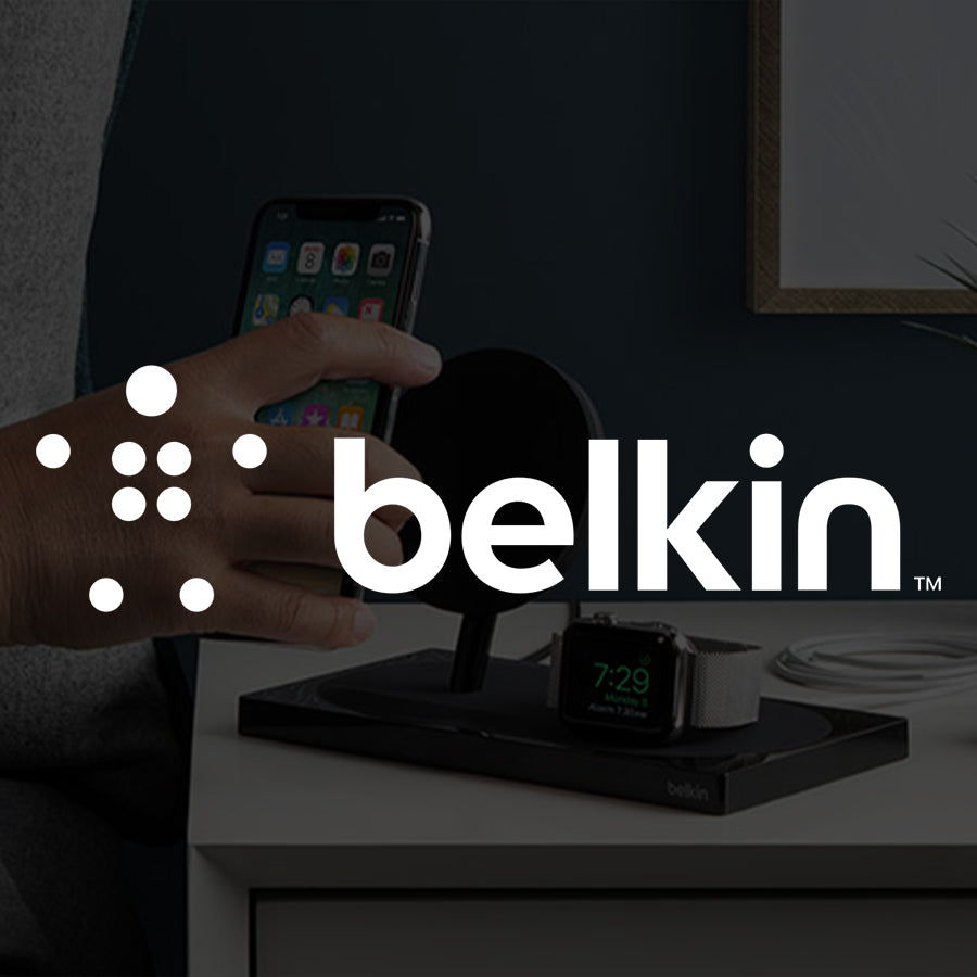 Belkin logo overlaid of someone putting their phone on a wireless multi-device charger