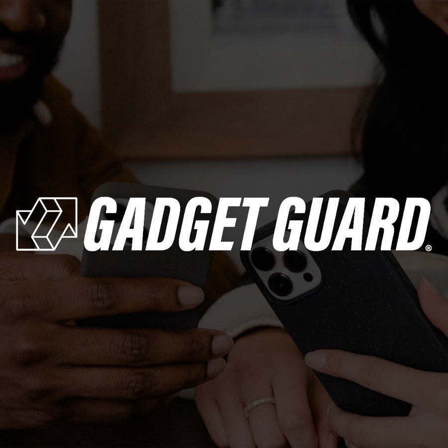 Gadget Guard logo overlayed on two people holding phones