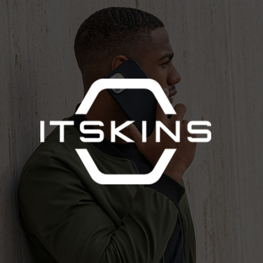 Itskins logo overlayed on man holding phone to ear