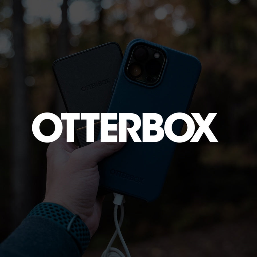 Otterbox logo overlaid on someone holding two phones with cables plugged into them