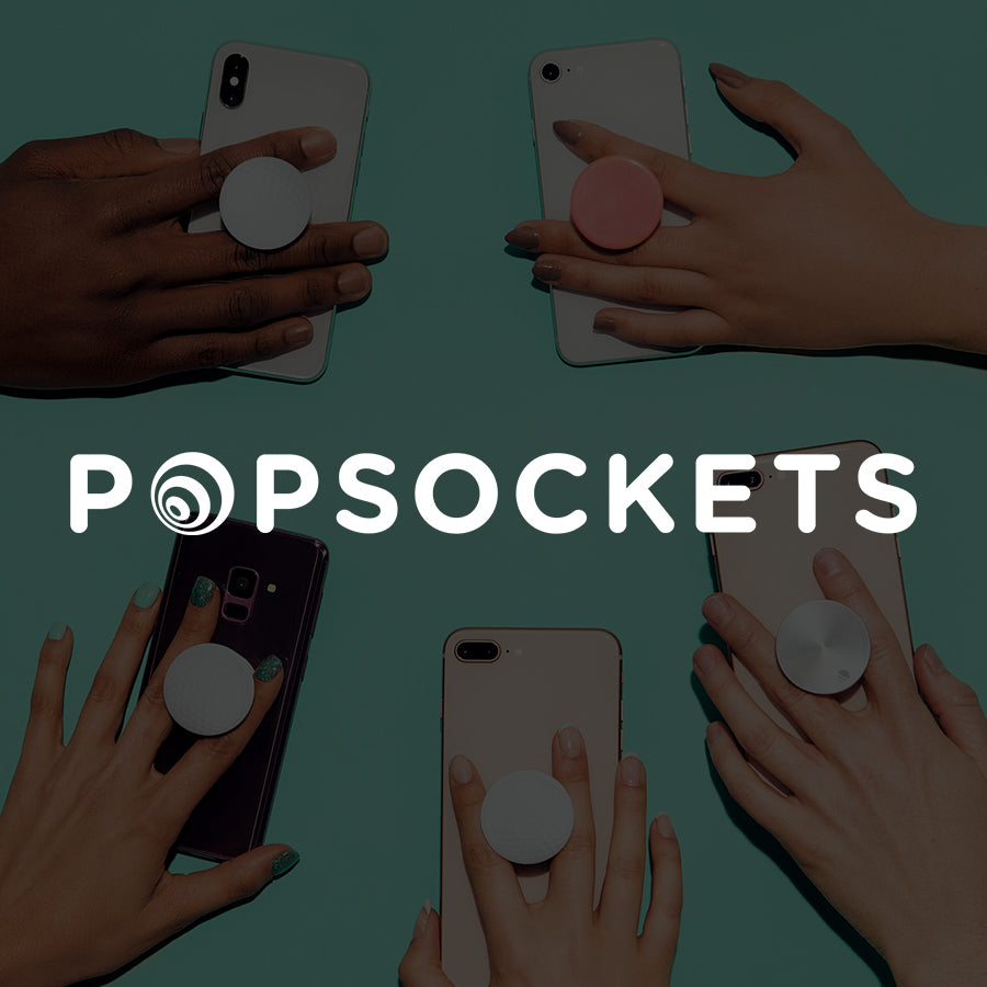 Popsockets logo overlaid on 5 hands holding their phones by the popsockets with various designs