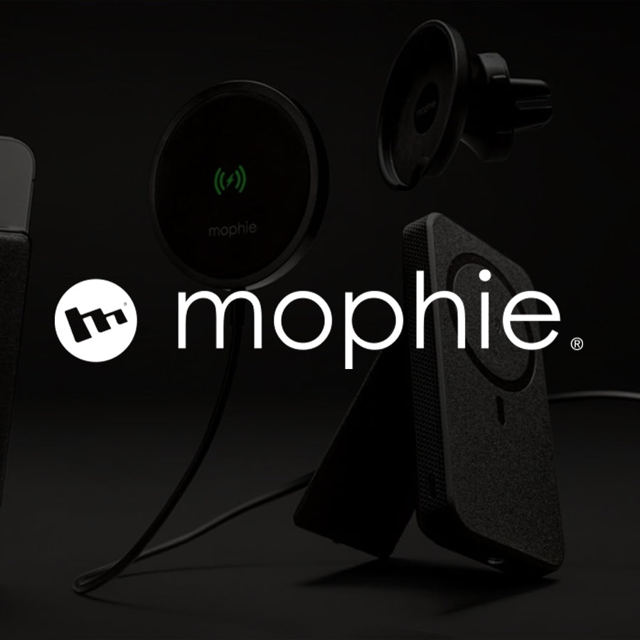 mophie logo overlaid on a composition of various products