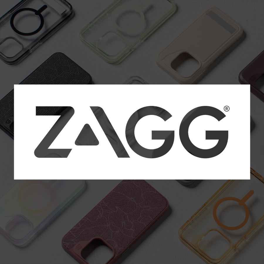 Zagg logo overlaid on a bunch of phone cases laid out on table