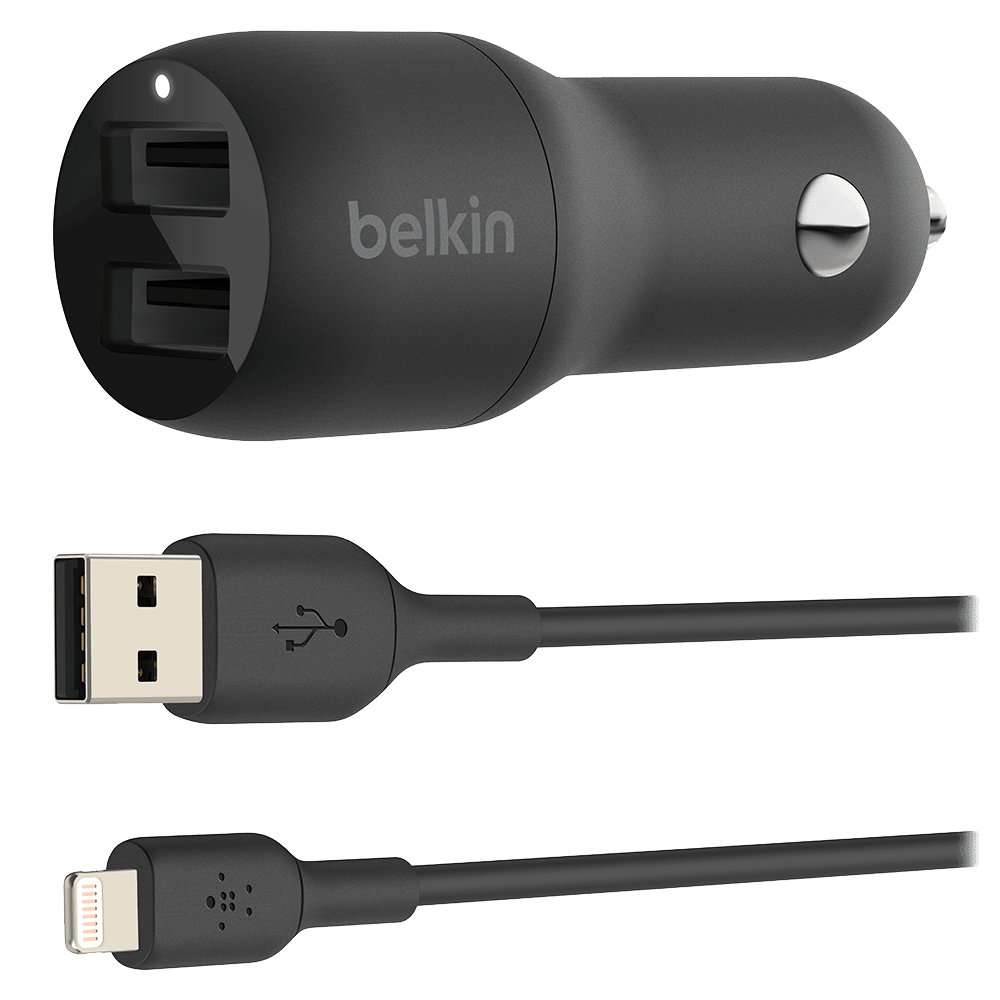 Belkin Boost Up Charge Dual Port USB A Car Charger 24W with Apple Lightning Cable 3ft