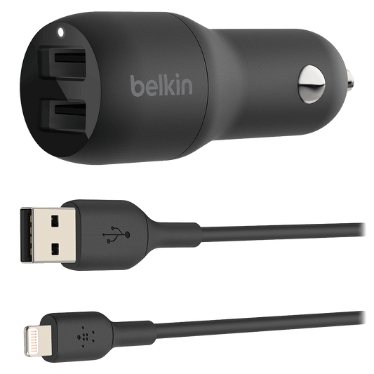 Belkin Boost Up Charge Dual Port USB A Car Charger 24W with Apple Lightning Cable 3ft