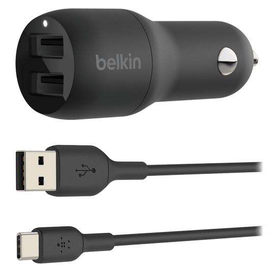 Belkin Dual Port USB A Car Charger 24W with USB A to USB C Cable 3ft