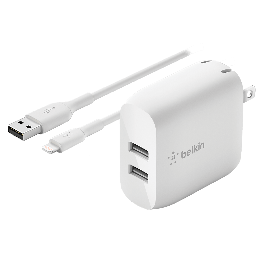 Belkin Dual Port USB A 24W Wall Charger with Apple Lightning Cable 3ft